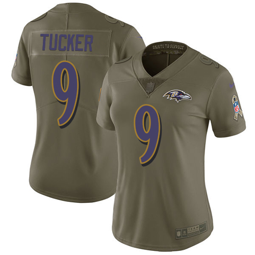 Nike Ravens #9 Justin Tucker Olive Women's Stitched NFL Limited Salute to Service Jersey